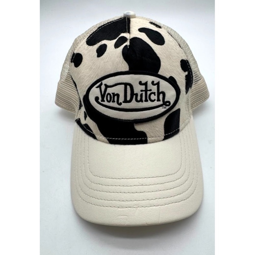 Von Dutch Cow Print Trucker Hat Beige Black Haircalf Mesh Snapback Adjustable